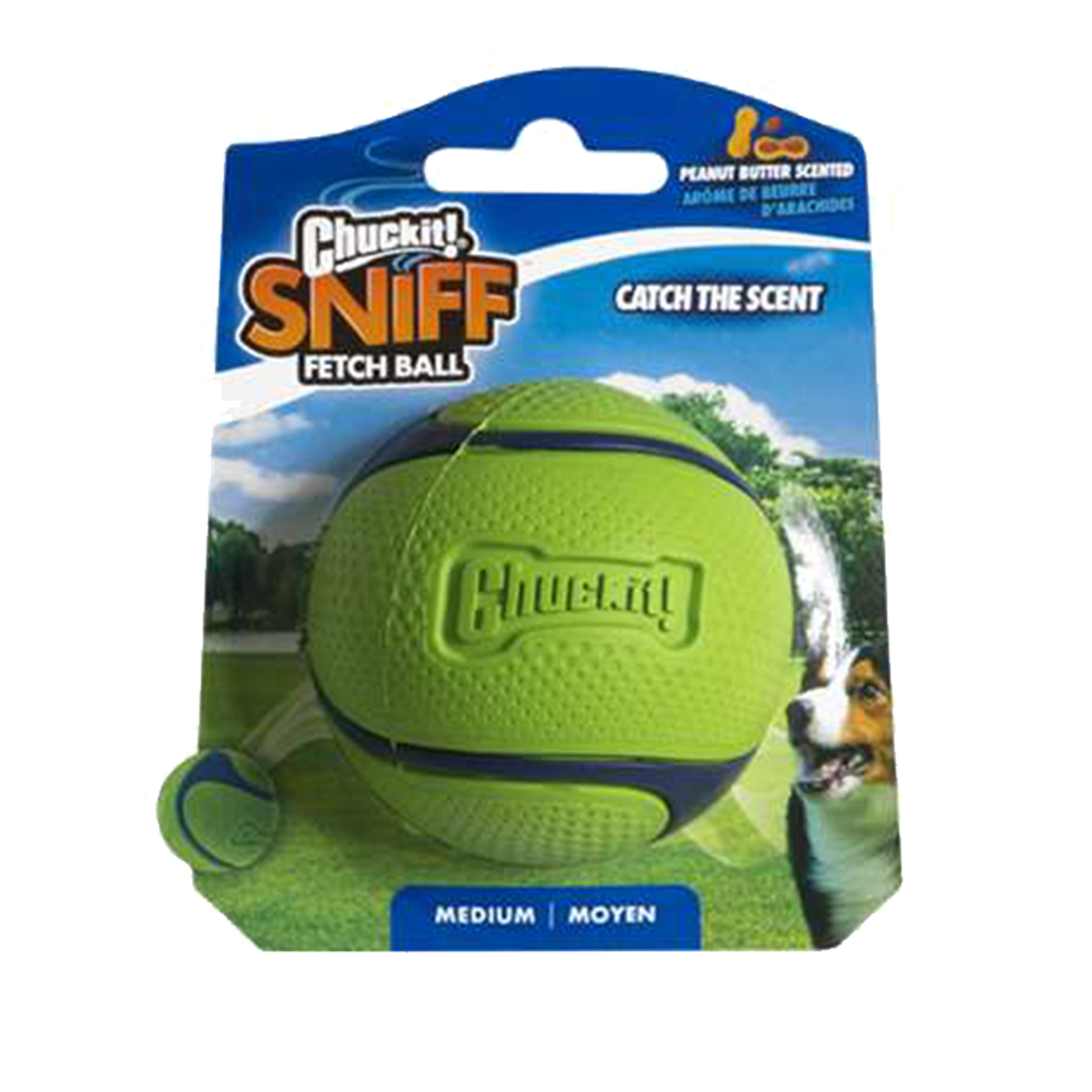 Chuckit! Sniff Fetch Ball Erdnussbutter M – Duftendes Apportierspielzeug für Hunde