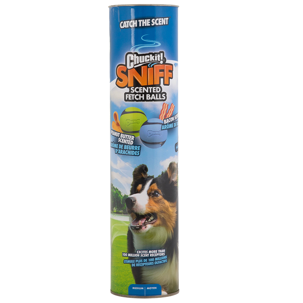 Chuckit! Sniff Fetch Ball Speck & Erdnussbutter M 4-Pack – Duftende Spielbälle für Mehr Spaß