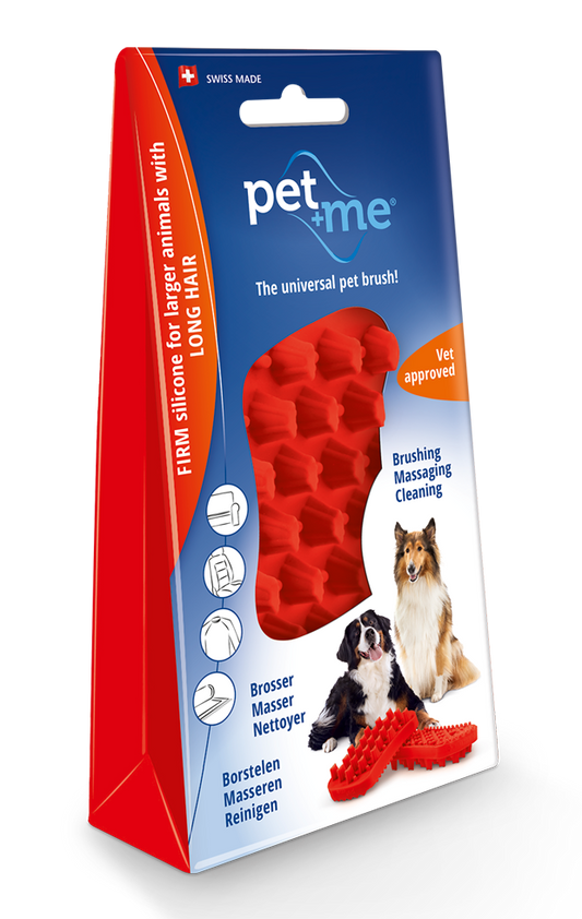 Pet+Me Dog Bürste Langhaar Rot – 4-in-1 Bürste für Reinigung und Massage